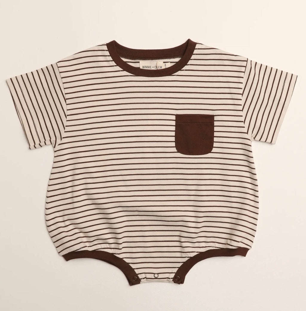 Cory Pocket Romper in Thin Chocolate Stripe