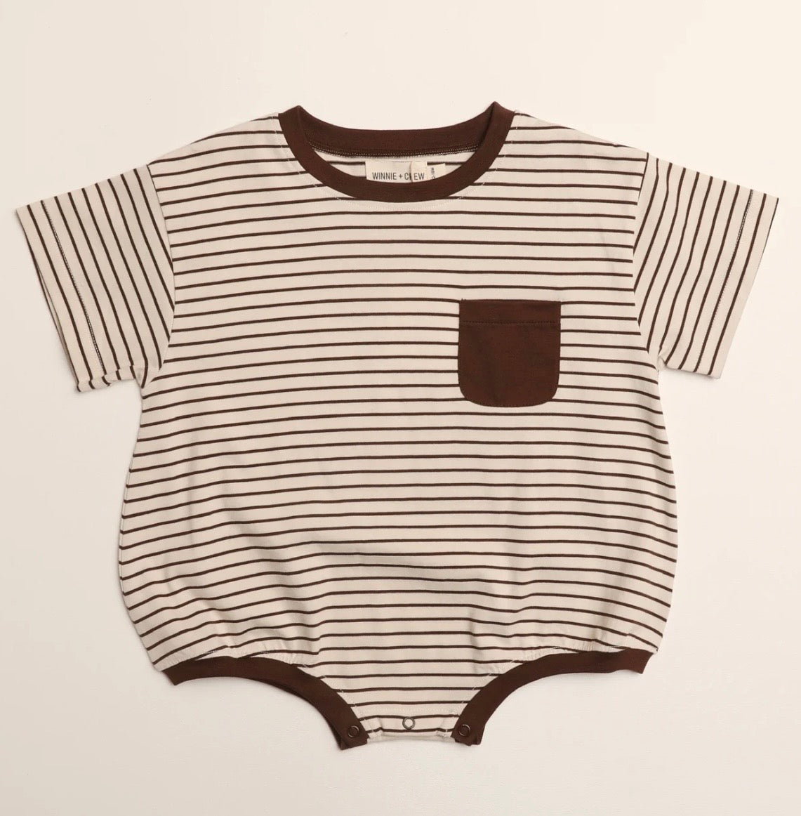Cory Pocket Romper in Thin Chocolate Stripe