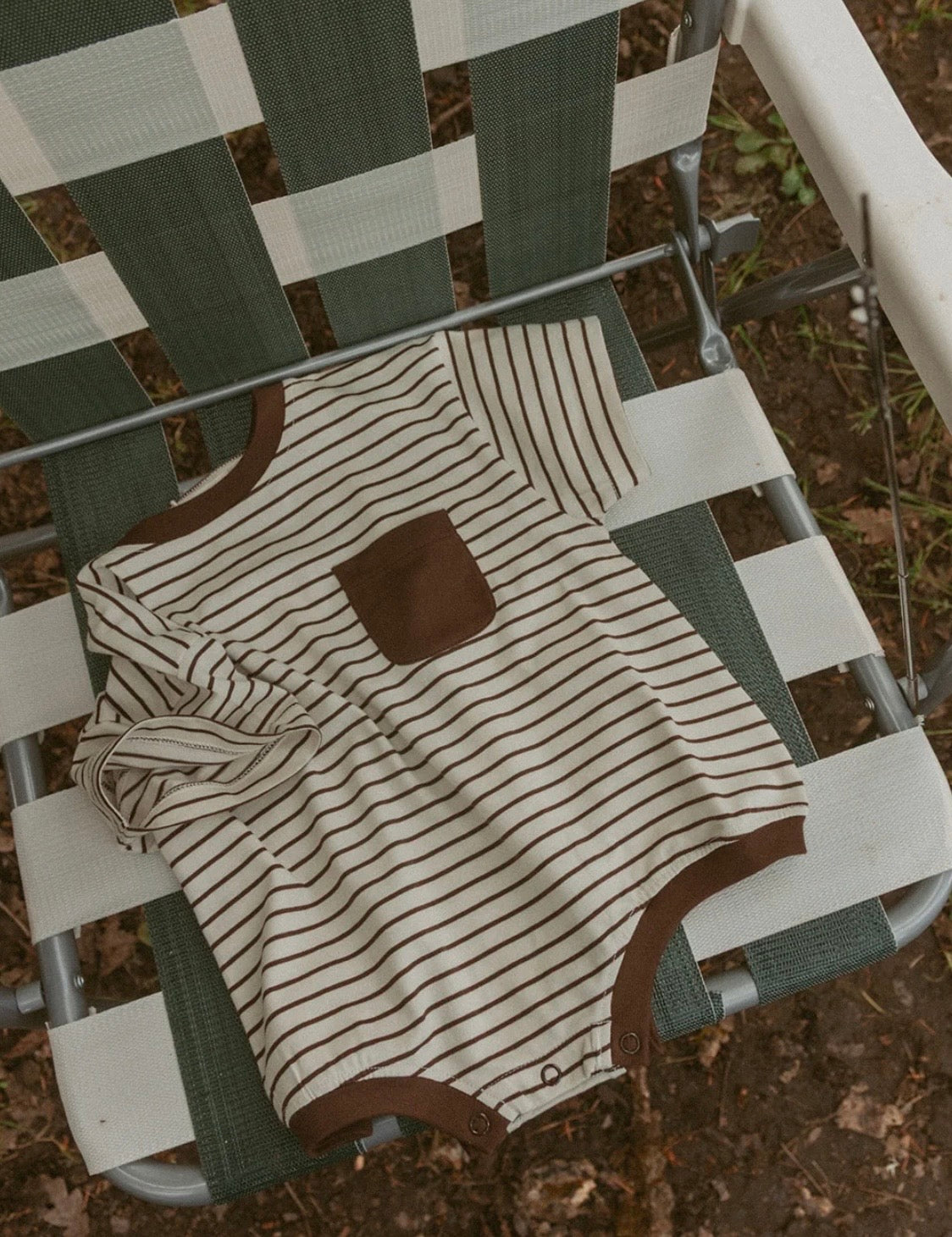 Cory Pocket Romper in Thin Chocolate Stripe